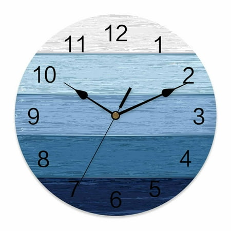 Wall Clock Blue Wood Grain Clocks PVC Silent Non-Ticking Battery Operated Decorative Rustic Ombre Wooden Stripes Round Clock for Home Living Room Kitchen Bedroom Office School Wall Decor 10 Inch