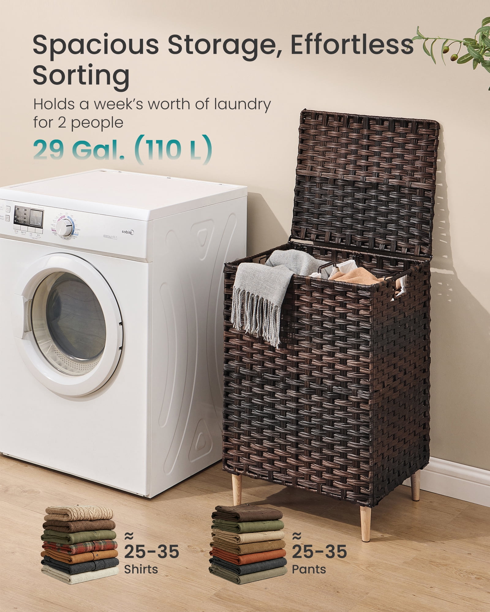 SONGMICS Laundry Hamper with Lid, PE Rattan Laundry Basket with Removable Liner, 2-Section Sorter, 29 Gallons (110 L), Chestnut Brown