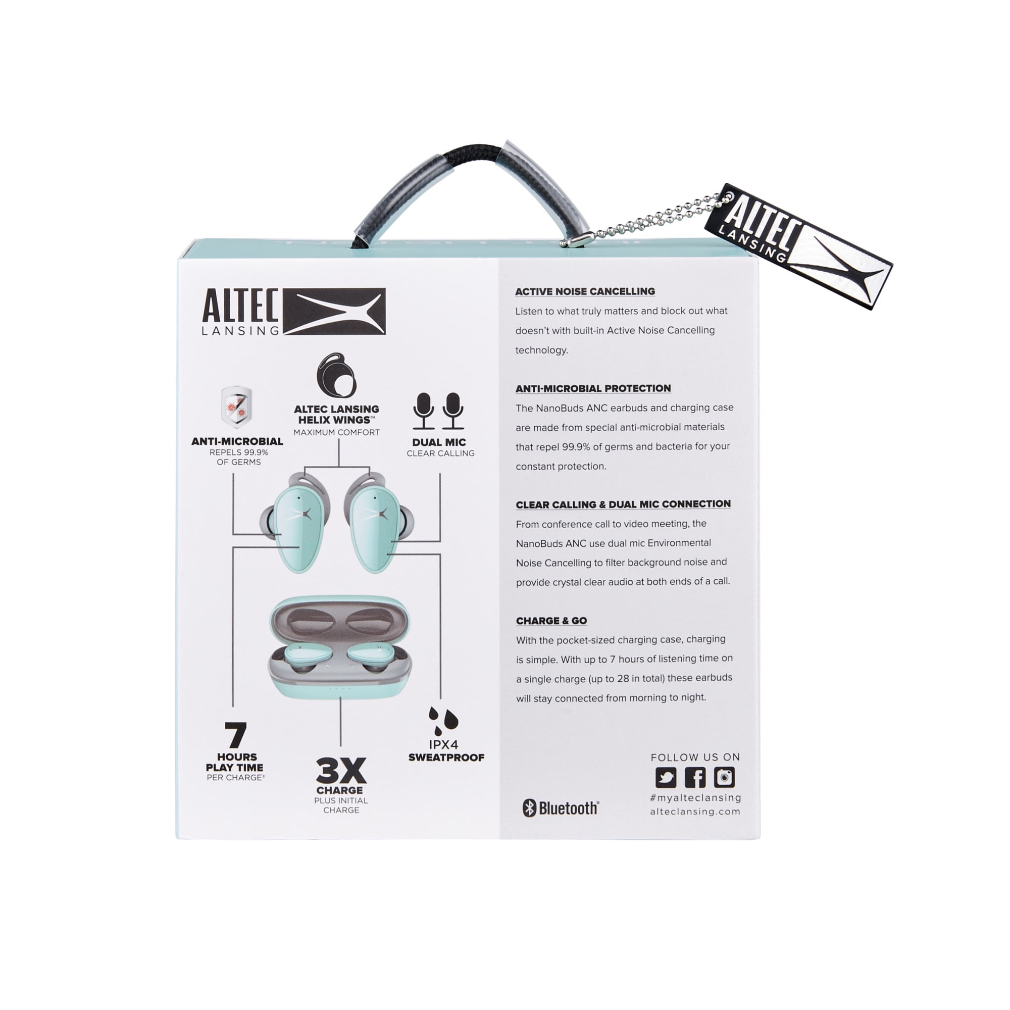 Altec Lansing NanoBuds Active Noise Cancelling Truly Wireless Earbuds, with Water Resistance, Stay-In-Place Helix Wings, Anti-Microbial Protection, 28 Hours of Total Playtime, Mint Green