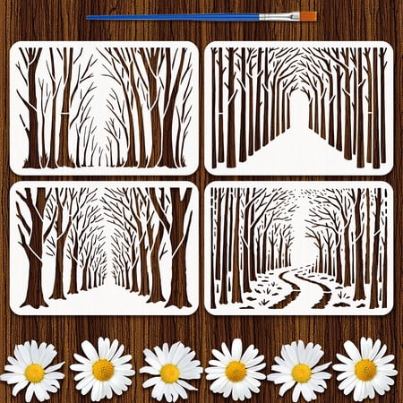 4PCS Forest Painting Stencil with Plastic Brush 8.3x11.7inch Hollowed Trees Grass Drawing Template Pathway in Forest Stencil Reusable Plant Theme