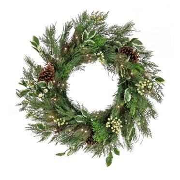 HGTV Home Collection by National Tree Company Pre-Lit Artificial Christmas Wreath, Green, Holly and Berry, Cream Berries, Pine Cones, 50 Warm White LED Lights, Battery Operated , Timer, 28 Inch