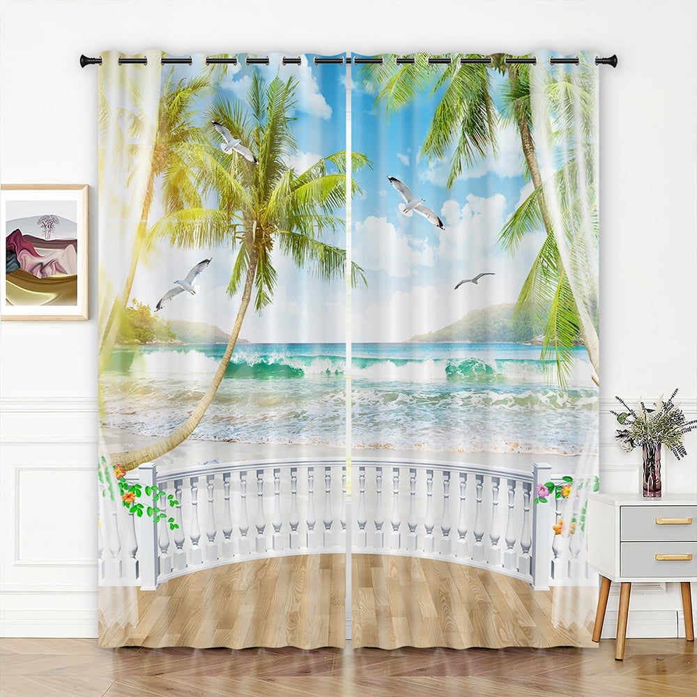 2Pcs Scenery Printed Window Curtains Bath Drape Voile for Most Rod 