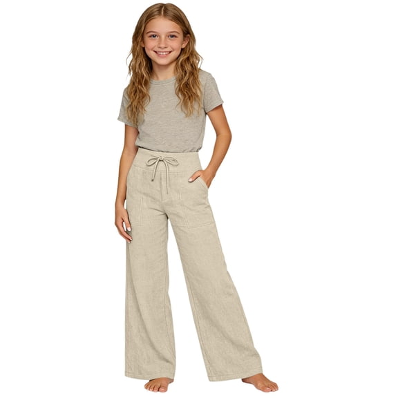 Girls Linen Pants Kids 2026 Summer Lightweight Casual Beach Baggy Elastic Waist Wide Leg Trousers Athletic Boyfriend Y2K