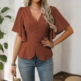 thumbnail image 7 of Stichou Women's Shirts Casual V Neck Tops Half Sleeve Elegant Spring Summer Fashion Blouses Solid Button Blouses Brown S, 7 of 7
