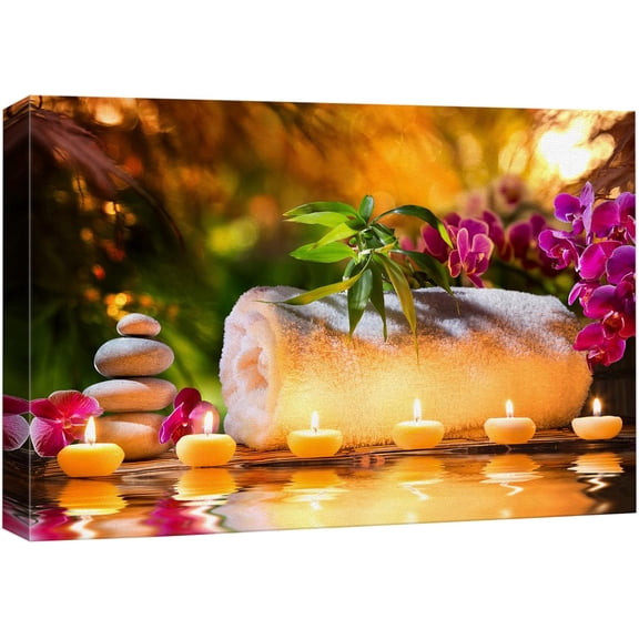 Aaheei Canvas Print Wall Art Sunset Yoga Meditation Bath Towel Candle Orchids Nature Wilderness Photography Realism Rustic Landscape Colorful Multicolor for Living Room, Bedroom, Office