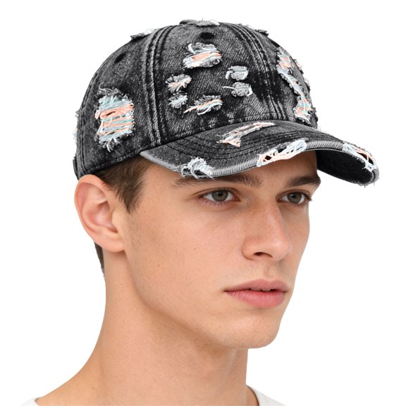 Unisex Ripped Cowkey Baseball Cap, Distressed Denim Vintage Washed Hat for Men and Women, Retro Sun Hat for Casual Outdoor, Spring Fall Winter Cap Black