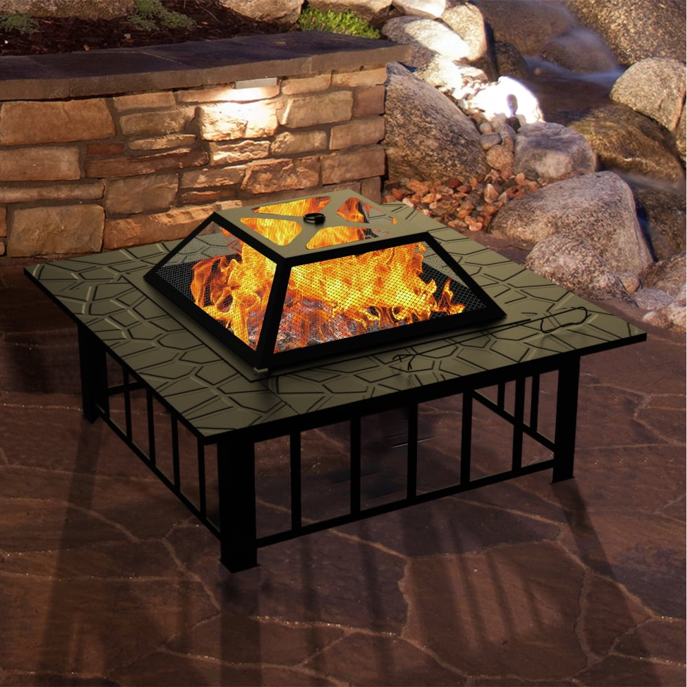 32" Outdoor Fire Pit, Square Metal Fire Pit with Mesh Screen Lid, Poker
