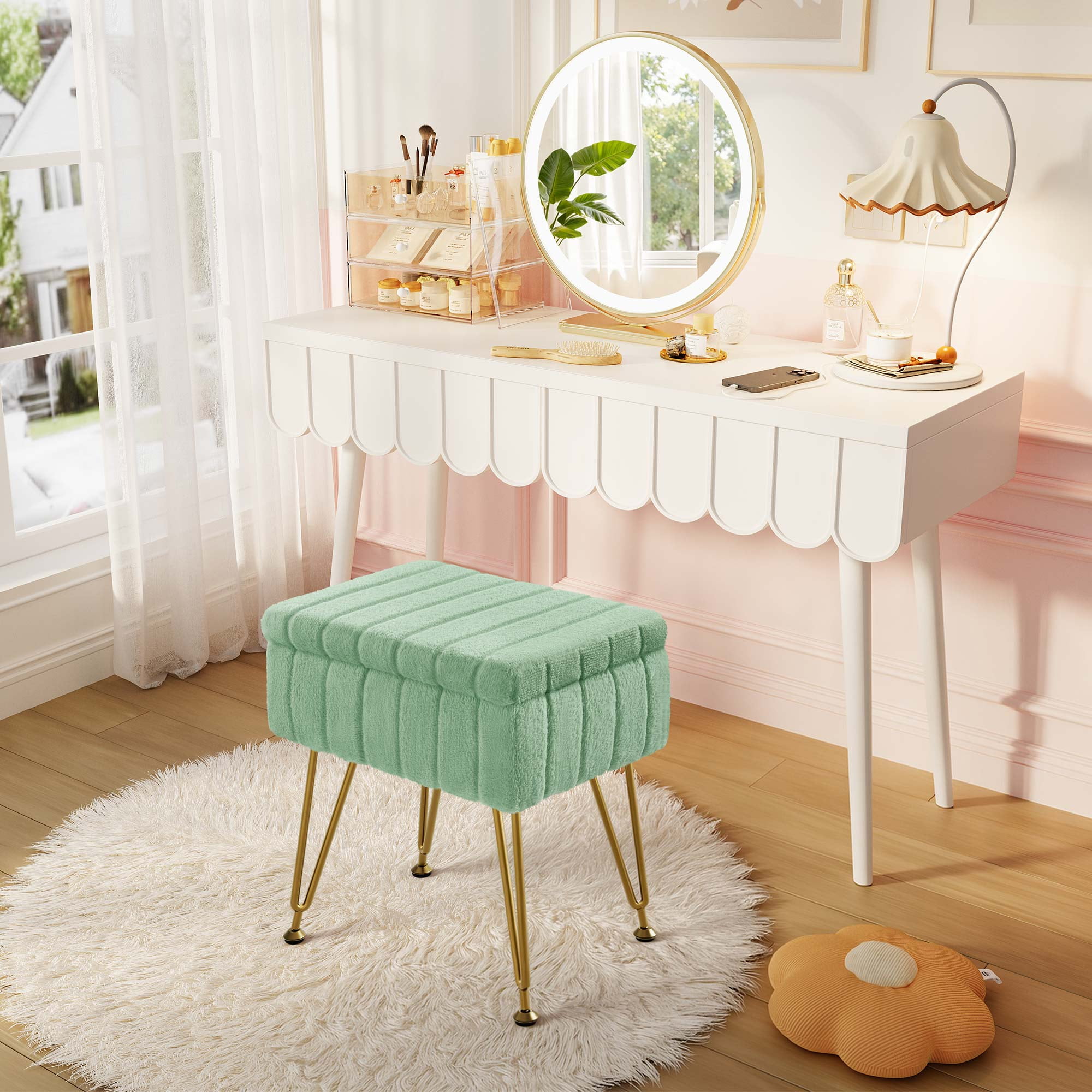 Greenstell Footstools Ottoman Bench with Storage, 15.5”L x 11.6”W x 19.2”H Vanity Faux Fur Padded Stool with Coffee Table Padded Seat and Adjustable Feet for Makeup Bedroom Entryway, Green