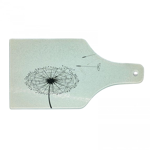 Dandelion Cutting Board, Flying Flower and Blossom Fragility and Growth Inspired by Nature, Decorative Tempered Glass Cutting and Serving Board, Wine Bottle Shape, Black and Beige, by Ambesonne