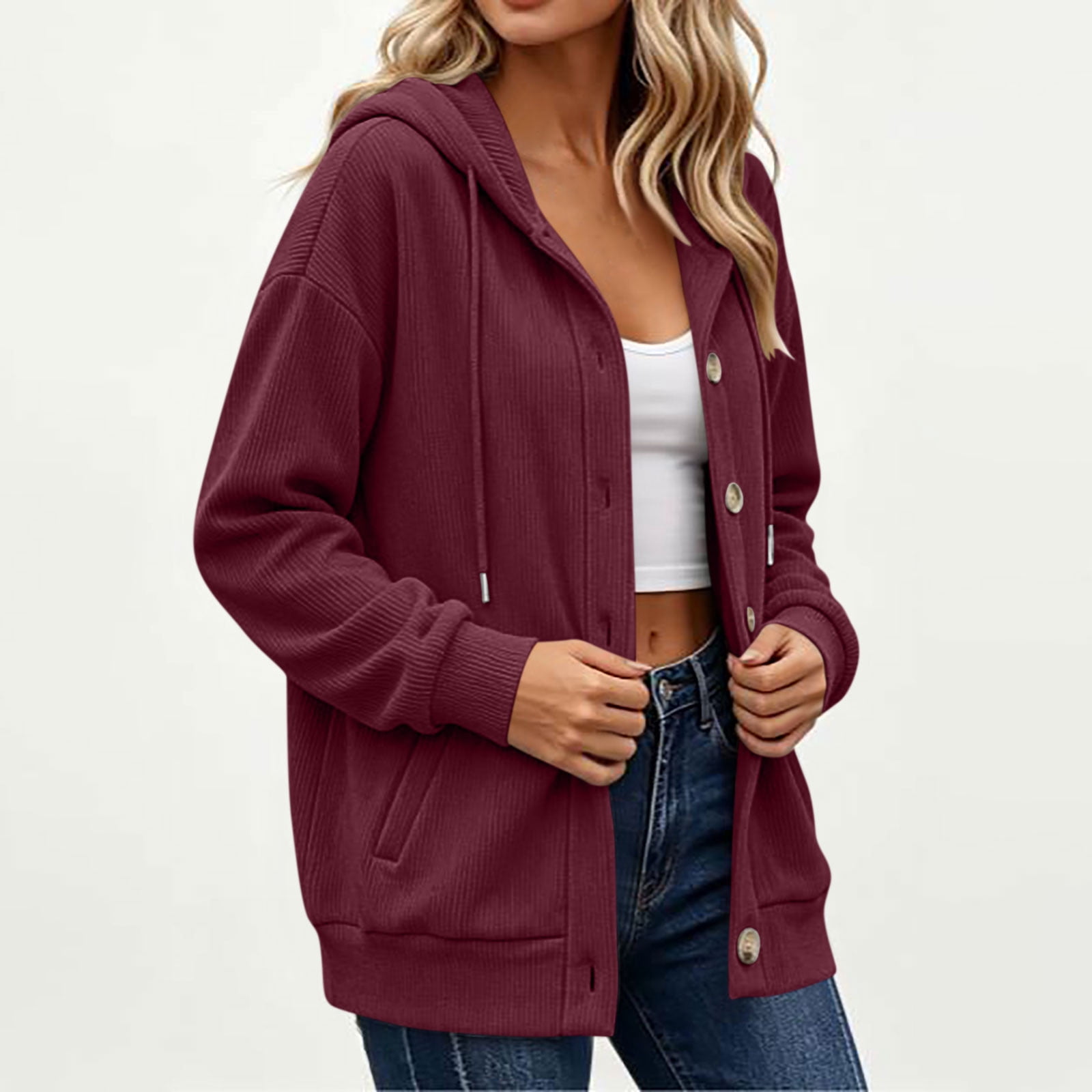 Mineart Women Long Sleeve Ribbed Texture Shacket Jacket Button Down Hooded Coats Cardigan Outerwear