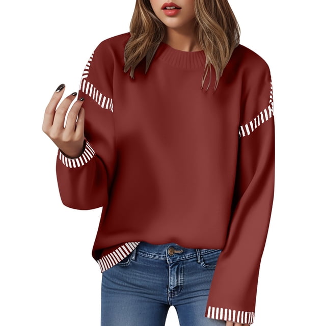 Kogui Pulls pour Femmes Graphiques Pulls Chauve-Souris Oversize pour Femmes Tenues Automne 2025 Tendance Col Rond Tricoté Fente Latérale Mode Chandail Tops (Rouge, P)