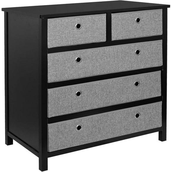 5 Drawer Dresser Storage Tower with Steel Frame and Wood Top, Wood Side Board, Dresser Chest with 5 Fabric Drawers, End Table Organizer Unit for Bedroom Office