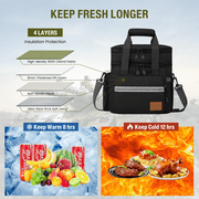Large Insulated Lunch Bag for Men, 24L Expandable Double Layer Lunch Cooler Box, Lightweight Leak-proof Lunch Tote Bag W/ Side Pocket & Adjustable Shoulder Strap, Suit for Work, Picnic(Black)