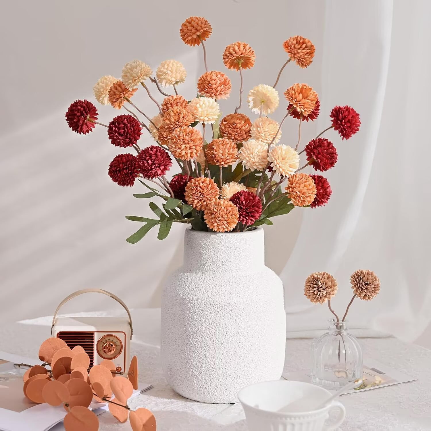 Pakyozj 10pcs Fake Silk Pompon Mum Artificial Flowers, Bulk Faux Mini Chrysanthemums, for Centerpieces Wedding Fillers Champagne Arrangements Boho Decor, No vase