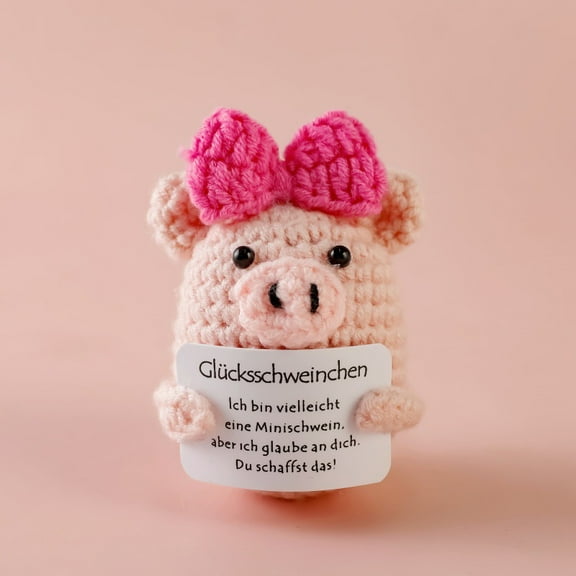 Handmade Emotional Support Pink Bow Piggy , Positive Crochet Piggy Doll with Card, Inspirational Small Handmade Knitted, Funny Gift for Women Men Birthday Friends Coworkers, Office Decor