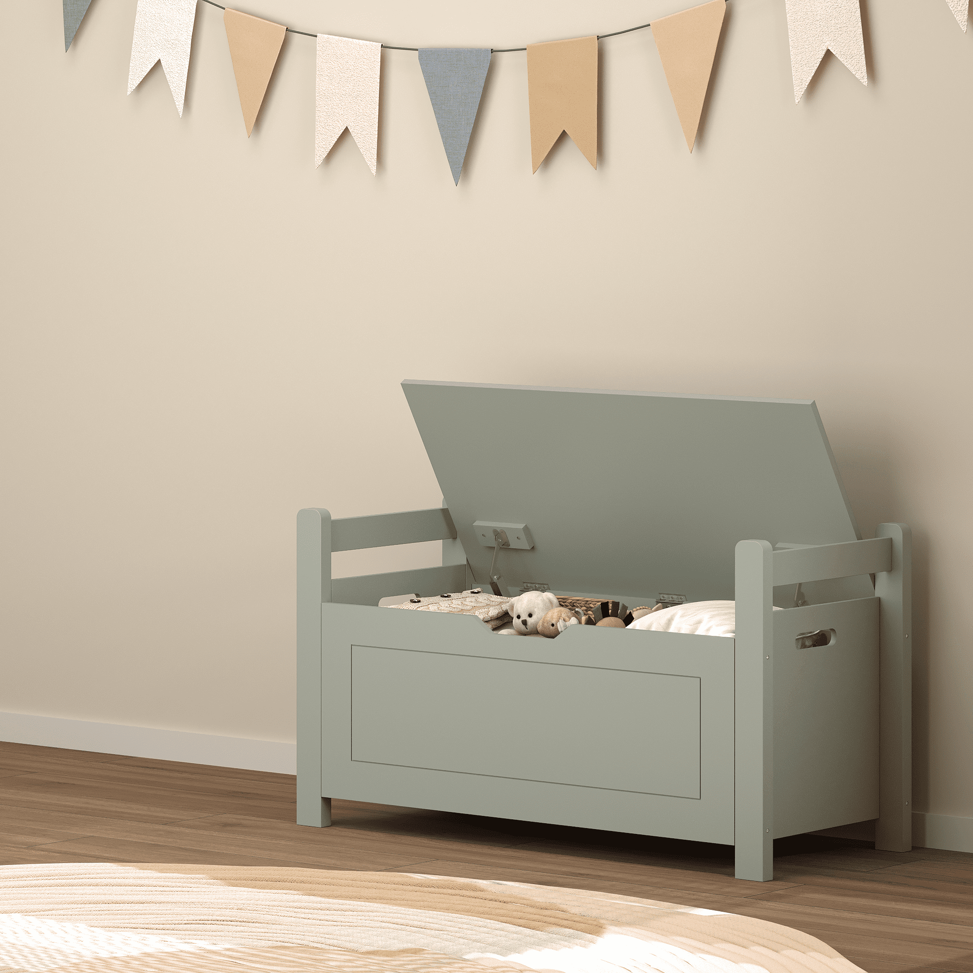 MDF Toy Box with Cushion Seat Flip-Top Safety Hinge 35 Inch Kids Storage Organizer
