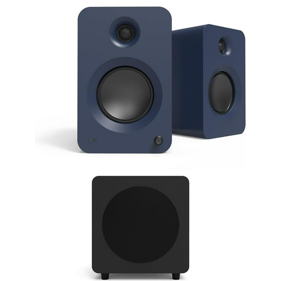 Kanto REN BLUE Bluetooth Powered Bookshelf Speakers - Matte Blue Pair with a Kanto SUB8VMB Sealed Powered 8" Subwoofer - Vinyl Black (2024)