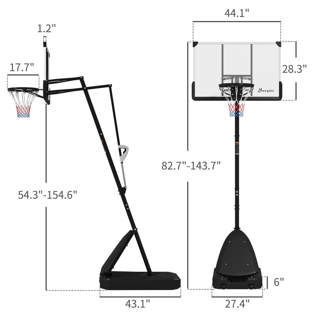 Barara King 5-10 Basketball Hoop Stand with 44" Shatterproof Backboard, Rebound System and Wheels for Indoor or Outdoor Use, Black