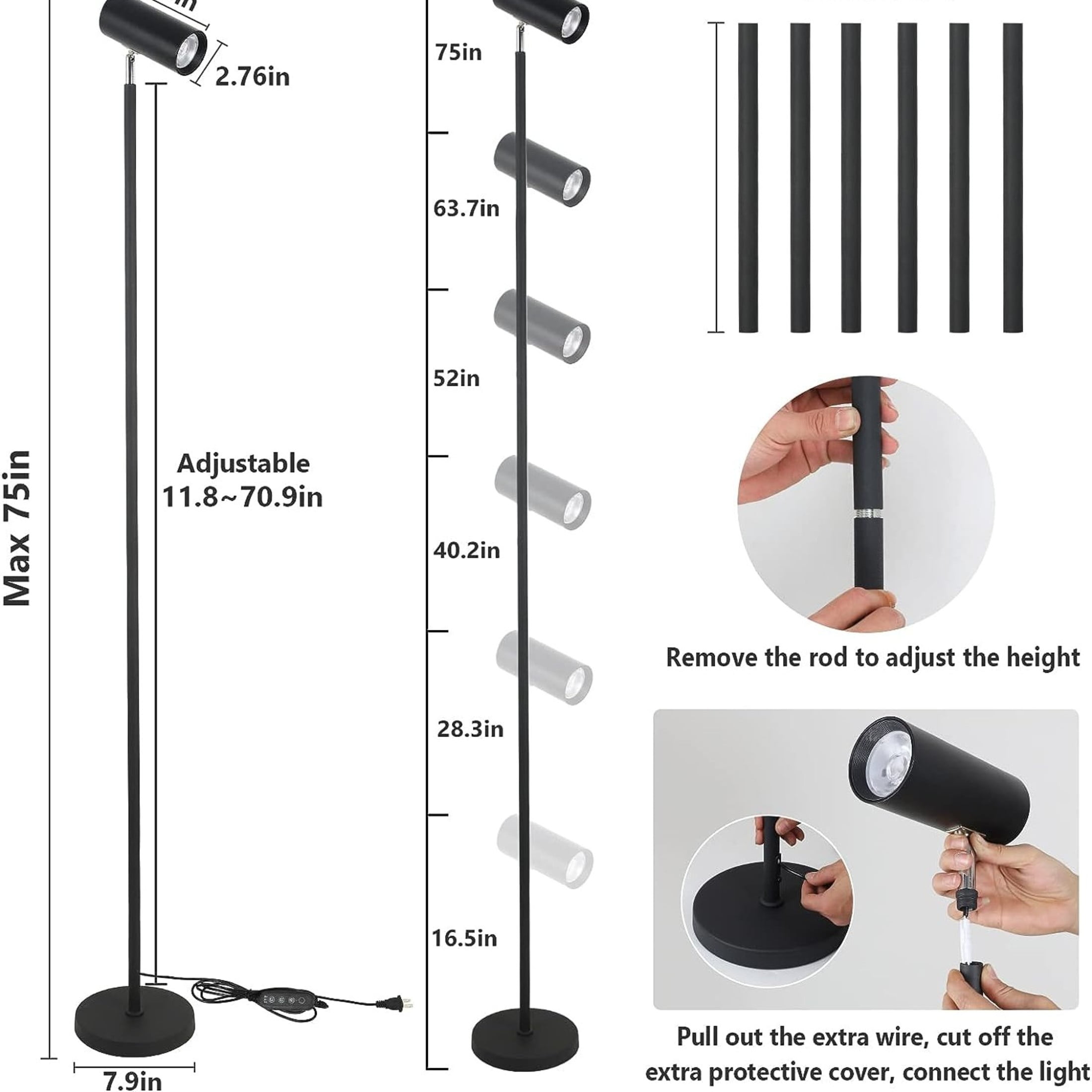 Noble House Full-Spectrum Grow Light Stand, Tall Plant Light for Indoor Growing, Led Growth Floor Lamp, Black