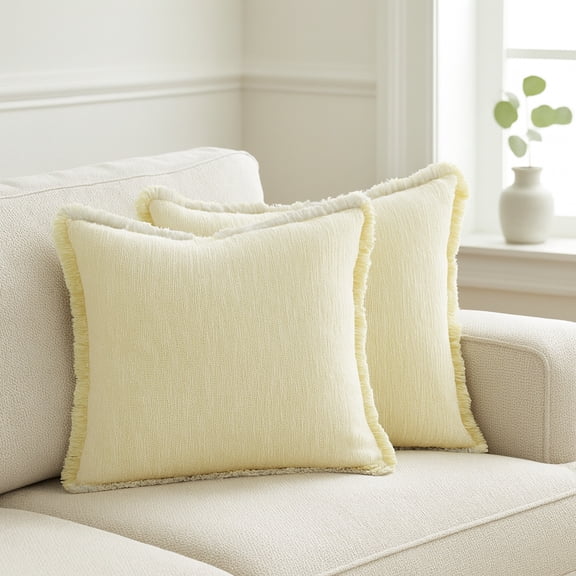 Laddha Home Designs Handwoven Solid Fringe Edge Cotton Throw Pillow - 20" - Yellow and White - Set