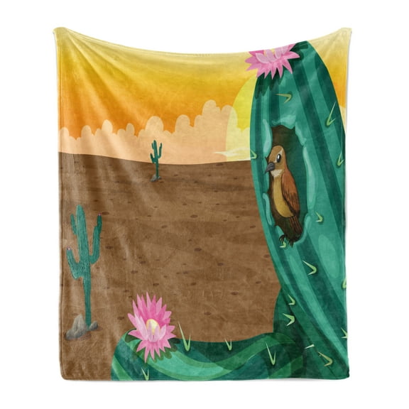 Colorful Soft Flannel Fleece Blanket, Desert Landscape Illustration with a Big Saguaro Cactus and a Bird Barren Nature, Cozy Plush for Indoor and Outdoor Use, 50" x 70", Multicolor, by Ambesonne