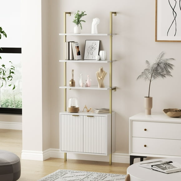 VEANERWOOD 3 Tier Ladder Shelf with Storage Cabinet, MDF Metal Frame, 11.8" x 23.6" x 70.8"