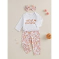 thumbnail image 3 of Suealasg Baby Girl Halloween Outfit 3Pcs Newborn Girl Fall Winter Clothing 3 6 12 18 Months Infant Girl Letter Print Long Sleeve Romper Pumpkin Print Long Pants Headband Set, 3 of 7