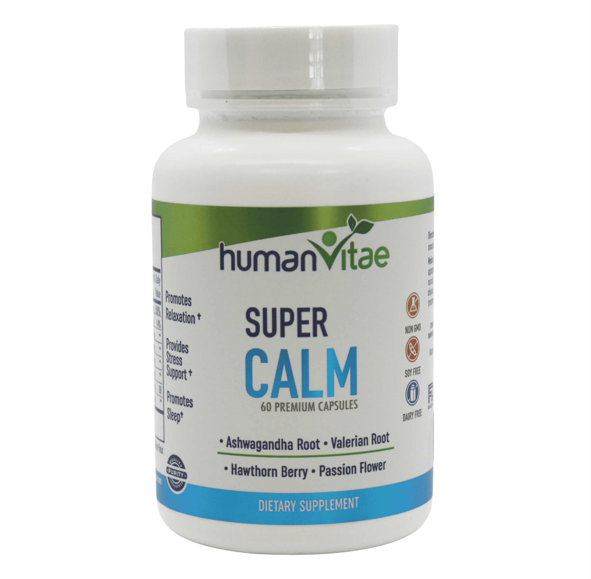 Super Calm by Human Vitae - Dietary Supplement with Valerian Root, Ashwagandha Root, Melatonin, Passion Flower, Magnesium, Vitamin B6. Promotes Sensation of Calmness, Relieve Stress, Improves Sleep