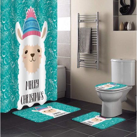 ZHANZZK Merry Christmas 4 Piece Bathroom Set Shower Curtain Bath Rug Contour Mat and Toilet Lid Cover