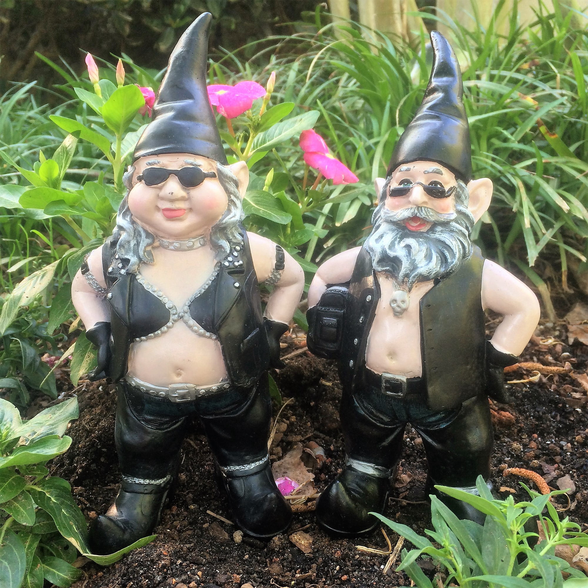 Homestyles "Biker Dude & Babe" the 8.5"H Biker Gnomes in Leather Motorcycle Riding Gear Home & Garden Figurine