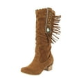 thumbnail image 2 of Fitoron Women's Mid Calf Boots Tassels Suede Slouch Boots Block Heel Winter Cowgirl Boots Christmas Gift- Brown 4.5, 2 of 7