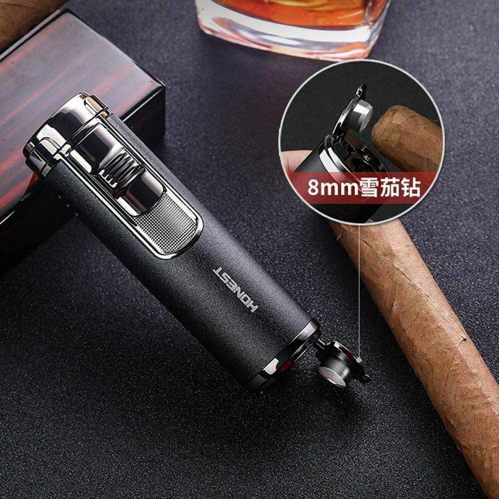 Windproof Quad 4 Nozzles Jet Flame Lighter Refillable Butane Gas Fuel Adjustable Four Jet Flames Lighter with Punch - Black