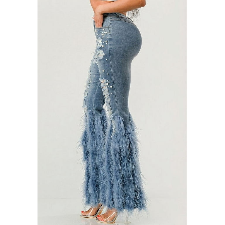 ☆PEARL EMBELLISHED FLARE JEANS/KIMHEKIM☆ Distressed Pearl Embellished Feather Jeans - Walmart.com