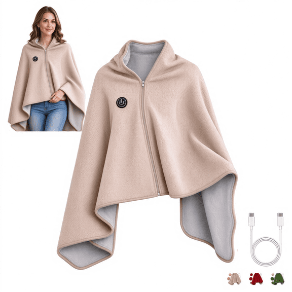 Wearable Heated Blanket, Heated Throw Blanket, Heated Shawl, Zip-Front, 3 Heat Settings, USB (Beige)