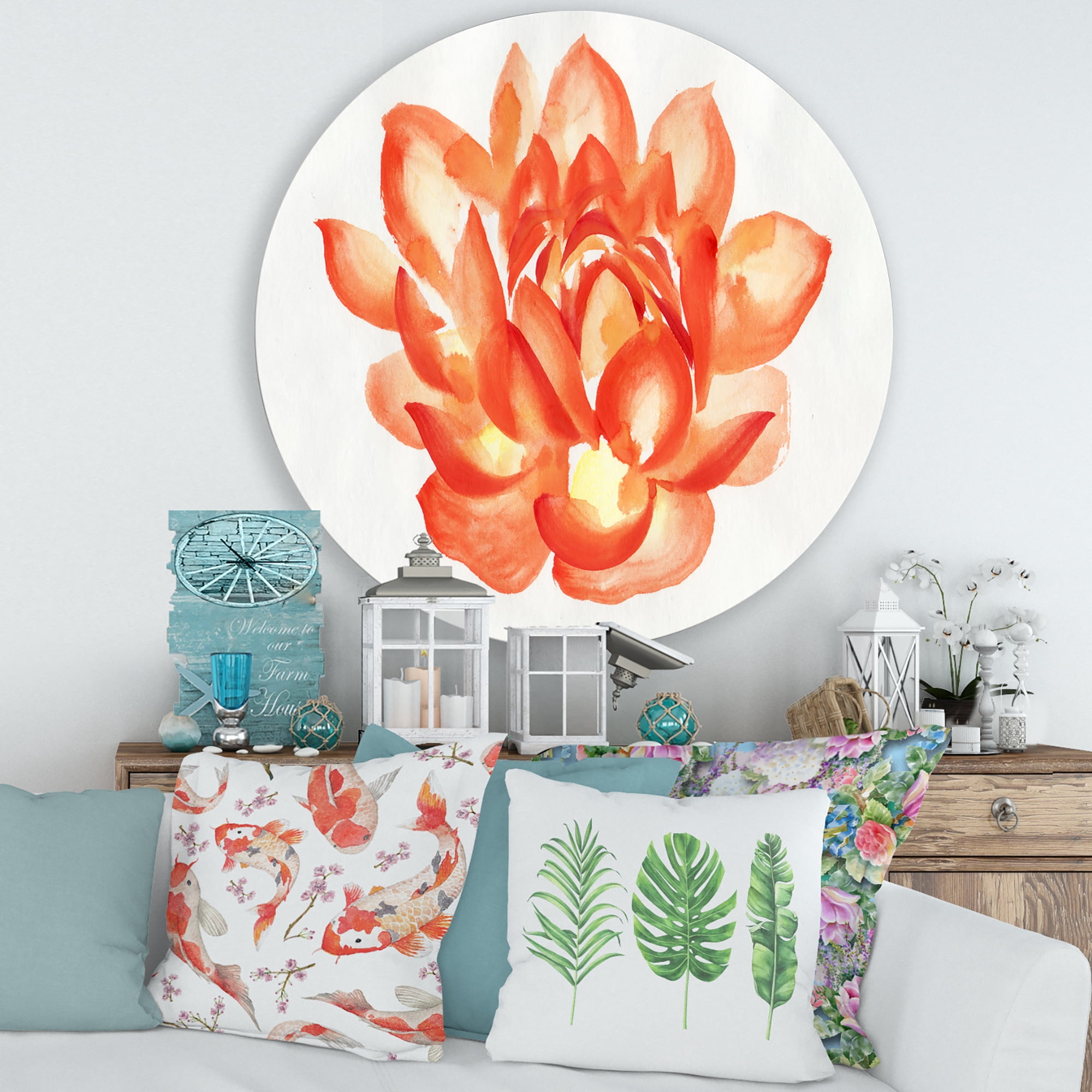 Designart 'Ancient Detail of A Orange Lotus' Traditional Circle Metal Wall Art 36x36 - Disc of 36