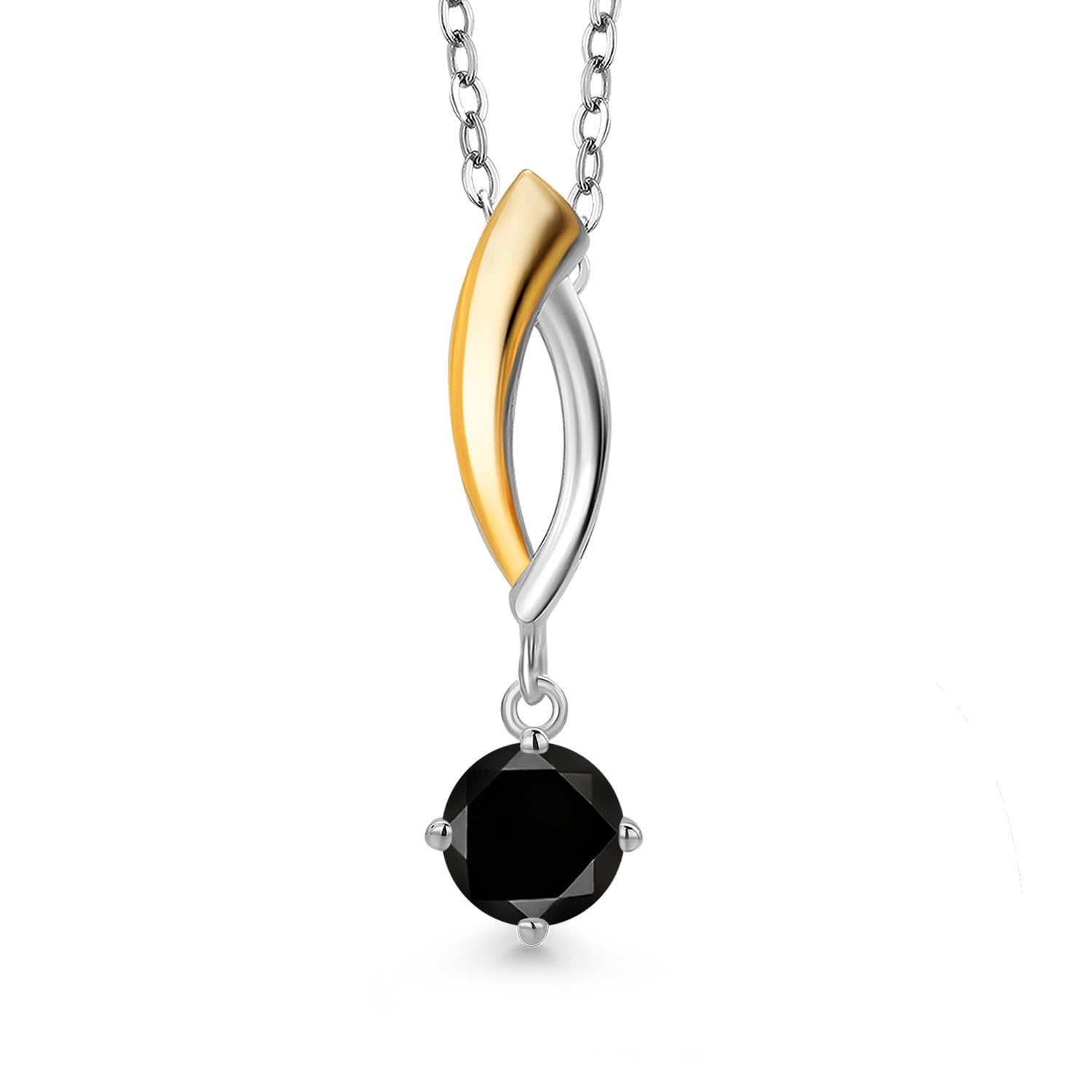 Gem Stone King 925 Silver and 10K Yellow Gold Black Diamond Pendant Necklace for Women | 0.55 Cttw | Gemstone April Birthstone | Round 5MM | With 18 inch Silver Chain