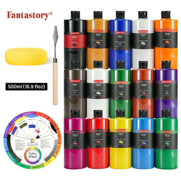Fantastory 15 Colors Large Acrylic Paint Set (16.9 oz,500 ml) , Art Painting Supplies with Color Wheel