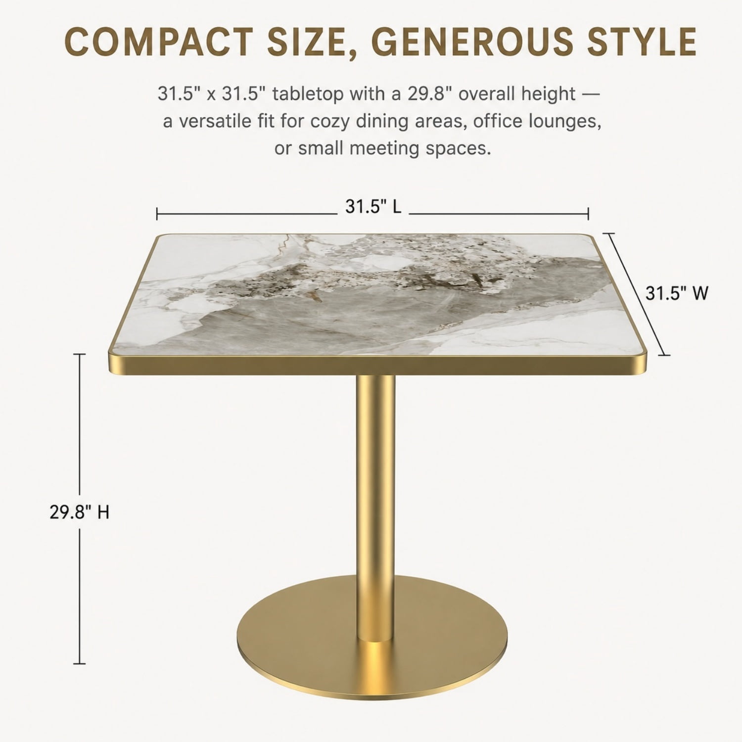 Miniyam 31.5 in Square Dining Table, Glossy Marble-Look Small Kitchen Table with Titanium Gold Feet, Cloud Gray Vein
