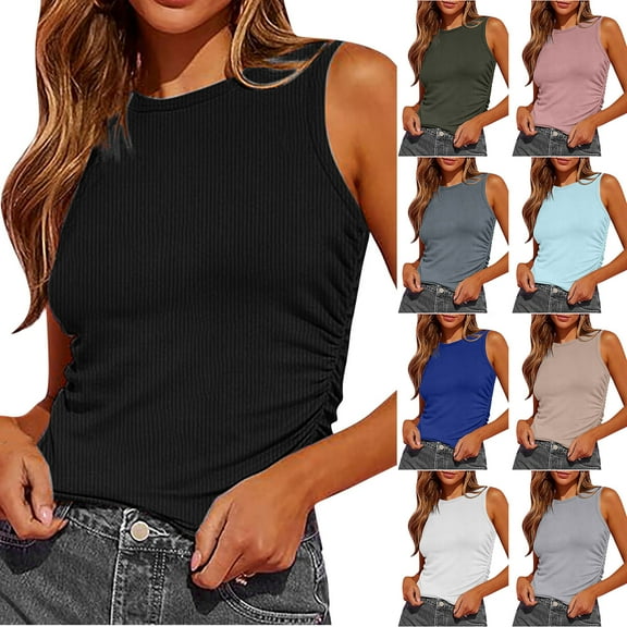Summer Savings!YANHAIGONG Womens Tank Tops Clearance,Loose Fit Basic Y2k Knit Crewneck Sleeveless Tops Dressy, Casual Spring Summer Tops for Women 2024 Tee Tops Tank