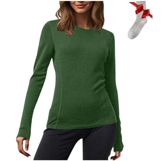 Yuyuzo Chandails à Manches Longues pour Femmes, Couche de Base Thermique Légère, T-Shirts à Col Rond, Hauts Chauds et Confortables avec Chaussettes