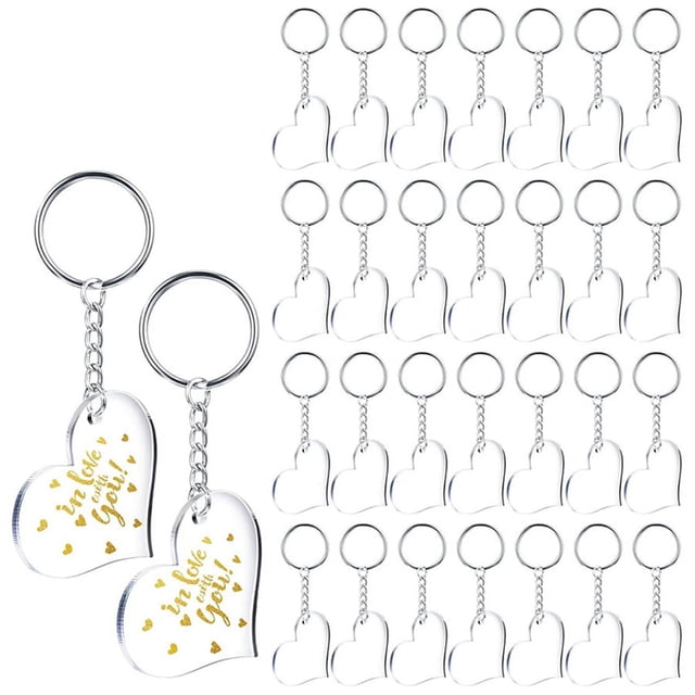 30 Blanks Clear Acrylic Blanks Heart Shape Plain Acrylic and 30 Pieces Key Chain Metal Key Rings for DIY Projects Crafts