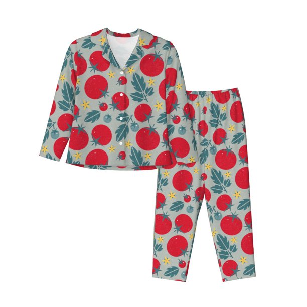 Balery Tomato Conjunto de Pijama con Estampado para Mujer, Conjunto de Dos Piezas con Manga Larga, Ropa de Dormir Suave con Bolsillos, Pijamas Cómodos-XX-Large