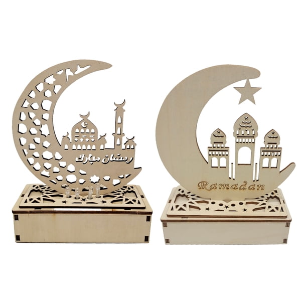 2 juegos de lámparas LED de madera para Ramadán, linternas LED para Ramadán, luces decorativas para Ramadán, linternas decorativas con forma de media luna para fiestas de regalos de Eid