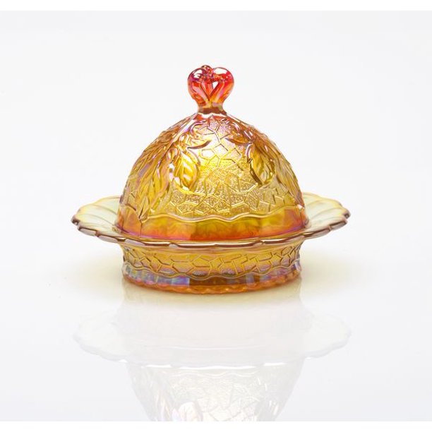 Mosser Glass Maple Leaf Butter Dish with Lid in Marigold
