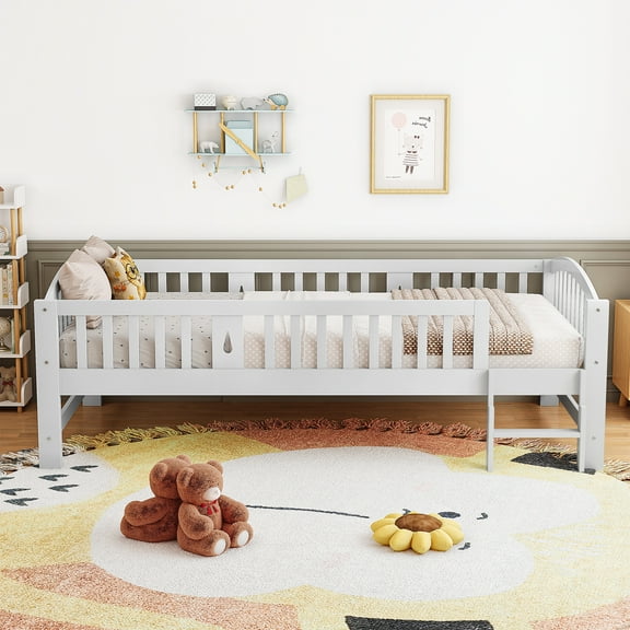 Sesslife Twin Size Platform Bed, Solid Wood Twin Bed Frame with Slats, Fence Guardrail Ladder, Twin Floor Bed with Strong Legs for Boys Girls, No Box Spring Needed, Holds 400 lbs, White