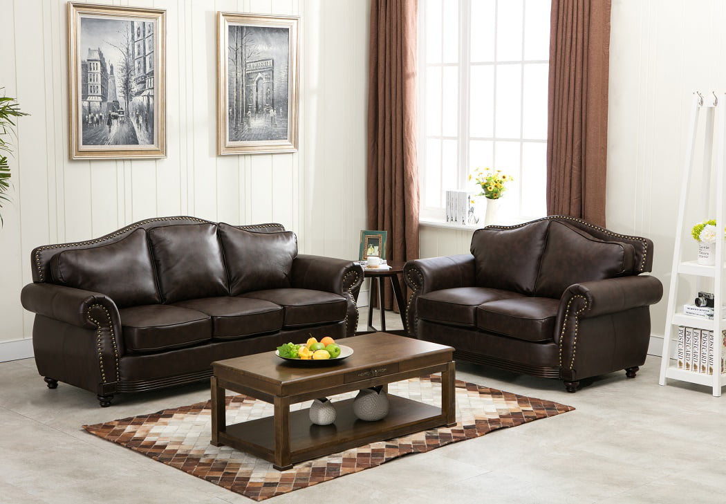 leather sofa set with wood trim