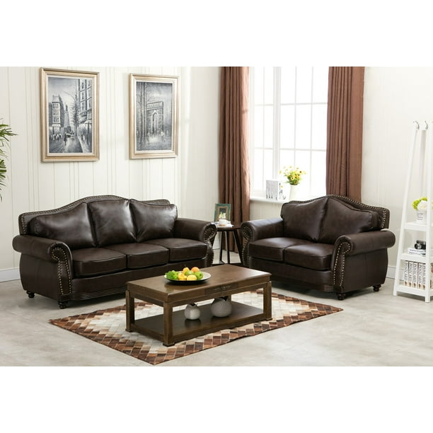 New Modern Brown Bonded Leather 2pc Sofa Set Living Room Furniture Cherry Wood Trim W Nailheads And Loveseat Family Couch Com Cherry Wood Trim W Nailheads Sofa, The Room Style Contemporary Bonded Leather Sofa & Loveseat Set