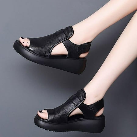 

bvgfsahne Soft Leather Roman Sandals Female Summer Hollow Muffin Soft Bottom Thick Bottom Fish Mouth Ladies Sandals