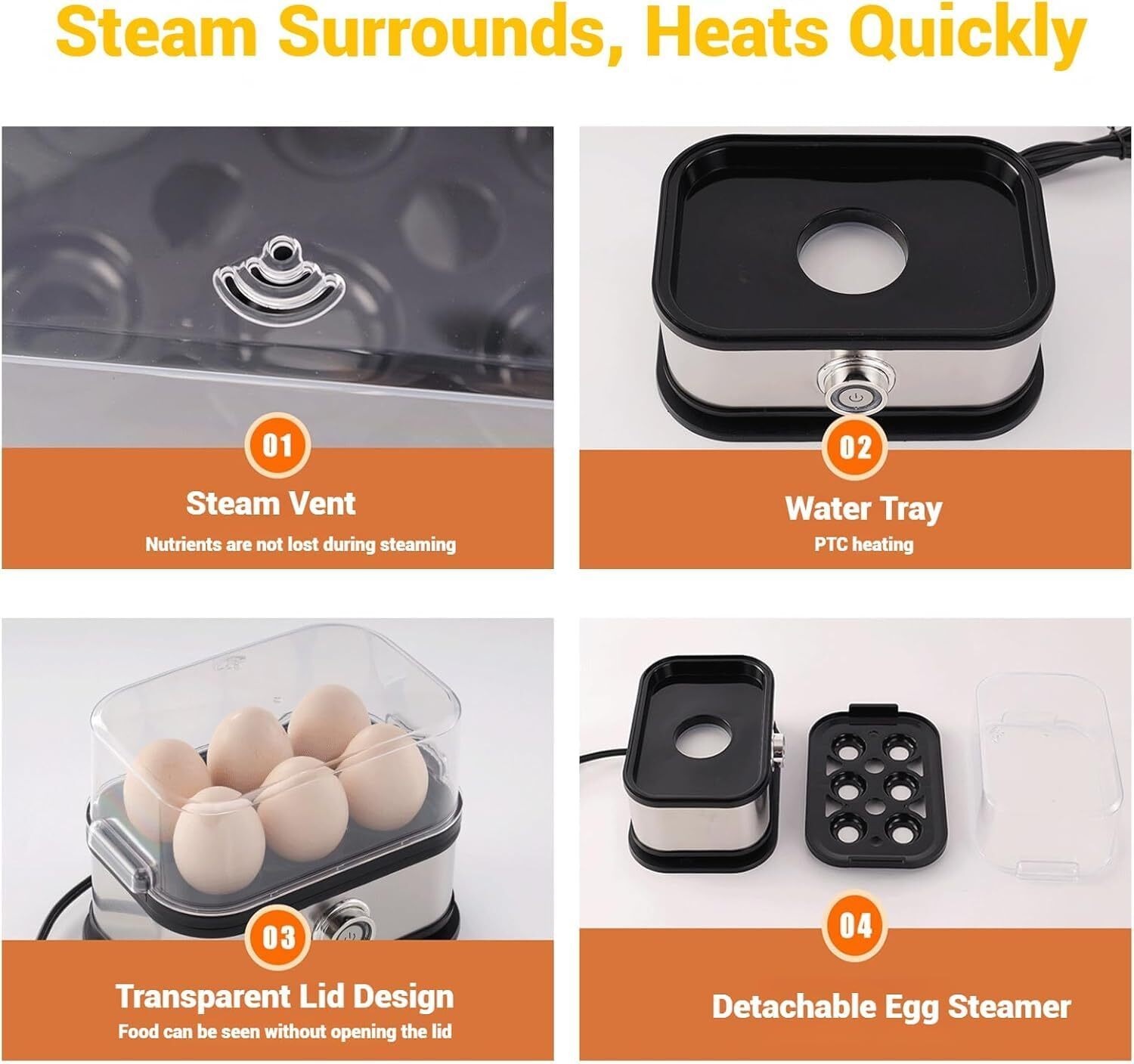 Sunny Side Up Egg Maker, The Sunny Side Master Egg Cooker 6 Egg Capacity, Stainless Steel Eggsteamer for Hard Boiled Eggs, Soft, Medium with Auto Shut-Off, Bpa Free