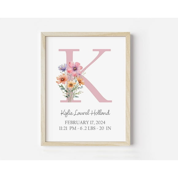 Personalized Baby Gift - Wall Art Framed Print by Oak & Alder - Size 8x10 inches. Light Oak Frame included